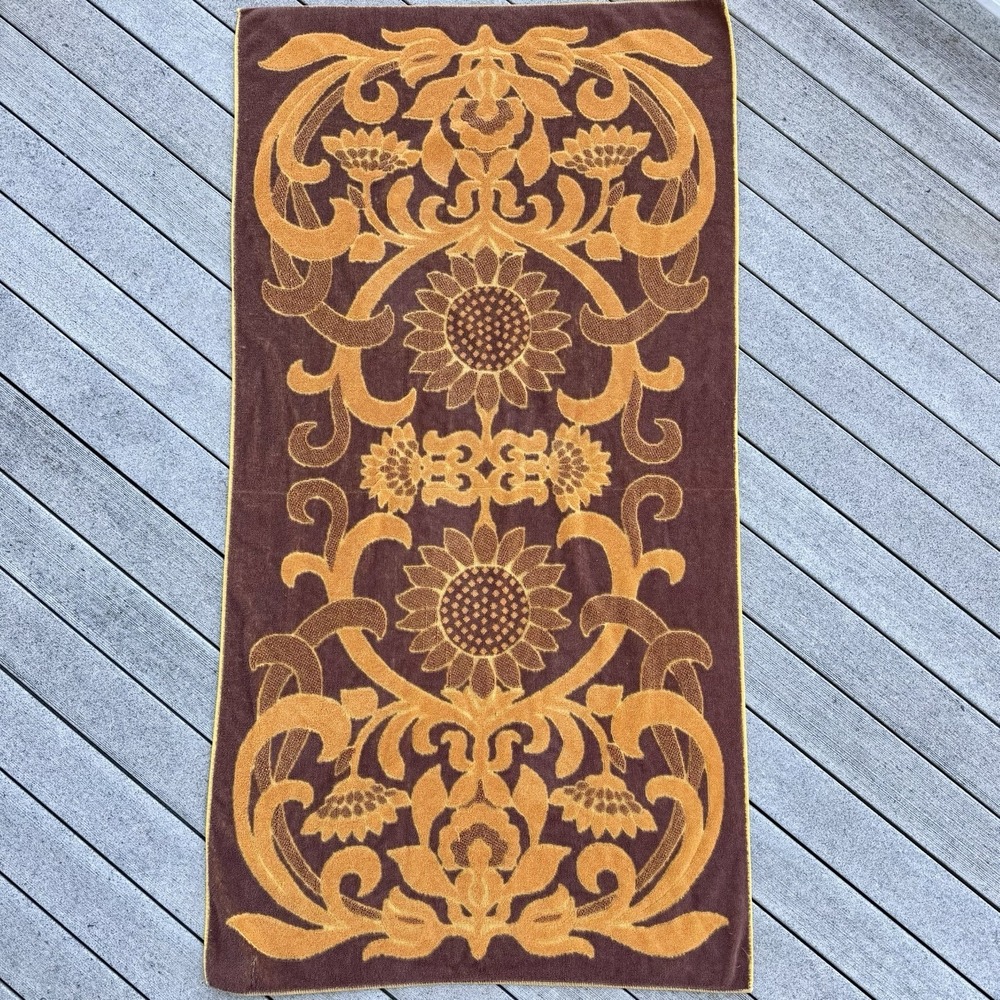 VTG 70s K Quality Boho Beach Towel Orange Yellow Brown Daisy Sunflower 59x31"